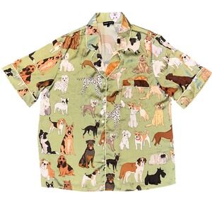 Karen Mabon Best in Show Dog Print Pajama Top Sage Green Satin Womens Large